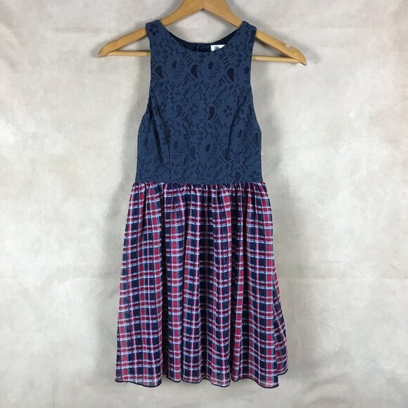 Emerald Sundae Juniors' Size 3 Lace-Bodice Plaid-Skirt Tank Dress - Picture 2 of 6